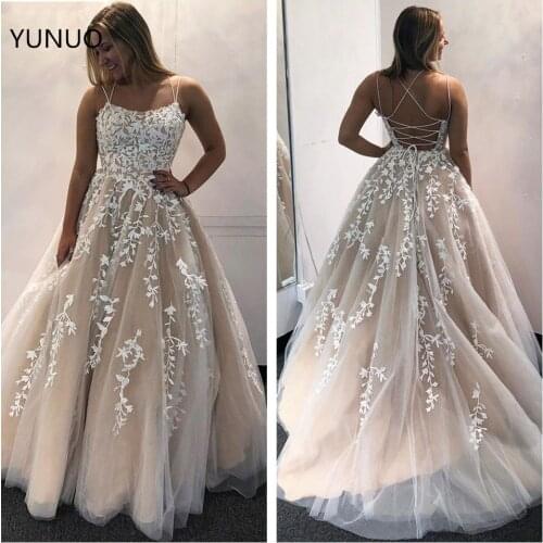 YUNUO Stunning Prom Dresses 2021 Double Straps Sleeveless vestido de festa gala jurken Dress Prom Lace Appliques Corset Back