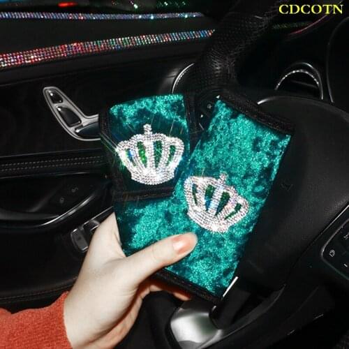 Luxury Crystal Rhinestone Car Seat Belt Shoulder Pads Cover Hand Brake Set Emerald Green Auto steering wheel Covers For Ladies