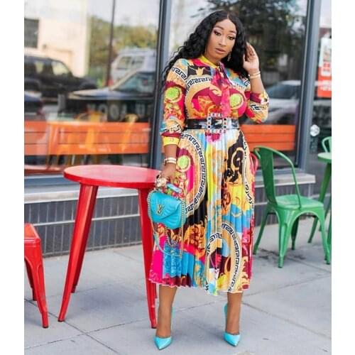 Spring Summer Fall Printed Dress Womens Fashion Luxury Brand Designer A Line Pleated Dress Office Ladies Vestidos Plus Size
