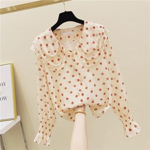 Plus Size Polka Dot Chiffon Blouse Shirt Women 2020 Autumn Three Layers Dollar Long Trumpet Sleeve Loose Lady Tops Shirts Blusas