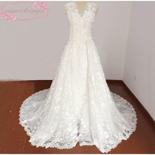 Wedding Dresses with Detachable Train Sheer Crew V Neck Lace Appliques Flowers Chapel Train Bridal Dresses Real Picture