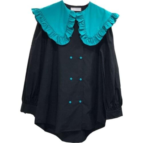 VSUE Women Chic Black White Sailor Collar Long Sleeve Shirt Button Double-breasted Spring Autumn B0726