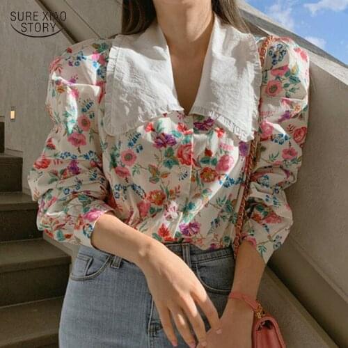 Elegant Loose Casual Long Sleeve Shirt Top Vintage Floral Printed Women Blouse Korean Peter Pan Collar Long Sleeve Shirts 13975