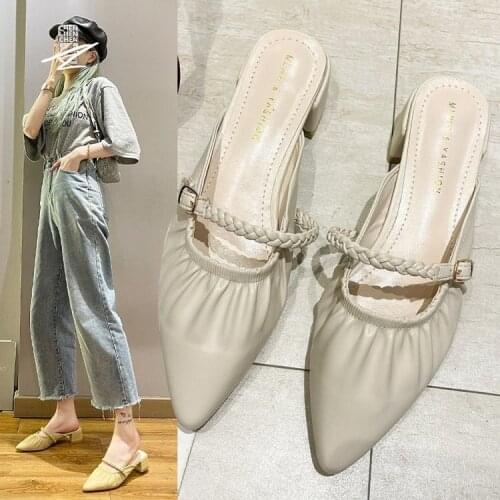 Fashion Women Slippers Pointed Toe Slides Mules Shoes Thick Mid Heeled Black/Beige Casual Slippers Wooden Slides Pumps Size 39