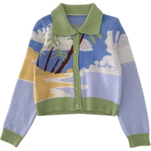 Autumn winter new Korean style loose short section long-sleeved knit color matching oil painting sweater women