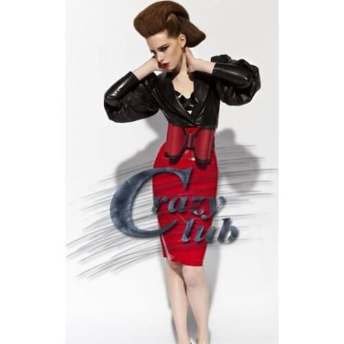 Top Sale Pure Nature Latex Rubber Fancy Women Uniform Clothes Fetish Gothic black and red dress with a large bow at the waist