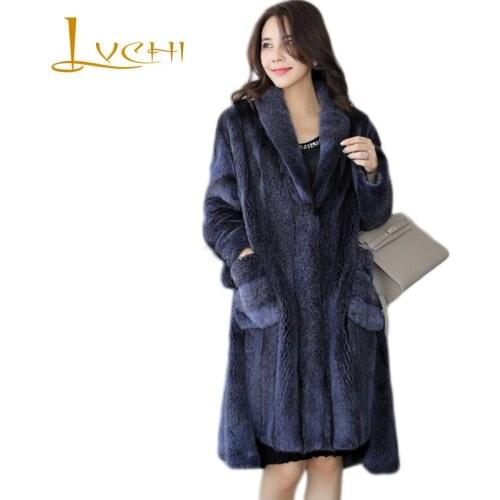 LVCHI Winter 2019 Import Swan Velvet Coat Office Lady Real Mink Fur Coat Womens With Fur Hood X-Long Pocket Causal Mink Coats