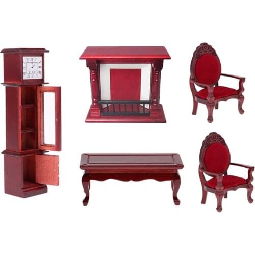 1/12 Dollhouse Miniature Wood Living Room Table Chairs Fireplace Accessories