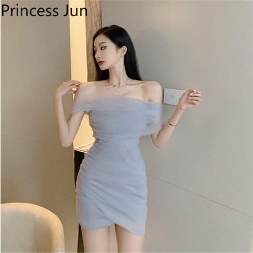2021 New Summer Sexy Mini Dress Slash Neck Pencil Sheath Irregular Hot Dress Off Shoulder Mesh Stitching Slim Club Party Dress