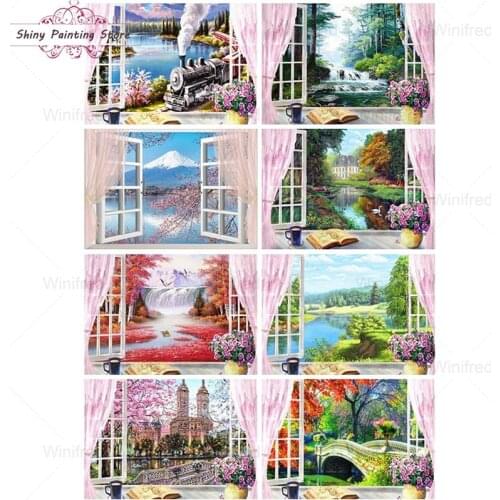 DIY Full Diamond Painting Window Nature Landscape 5D Diamond Embroidery Scenic Mosaic Picture Diamond Decoration Handmade Gift