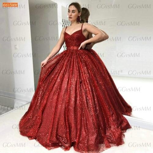 Glitter Red Evening Dresses For Women 2021 Robe De Soirée De Mariage Tulle Zipper Ball Gown Formal Dress Party Vestido De Festa