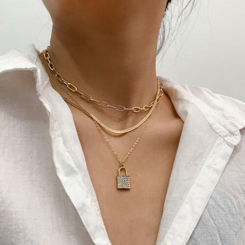 Fashion Hip Hop MultiLayers Snake Chain Necklace for Women Crystal Lock Women/men Punk Rock Pendant Necklace Goth Jewelry Gifts