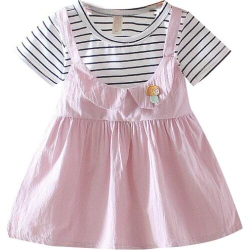 Childrens wear Korean edition cute girl print striped dress child short sleeve dress