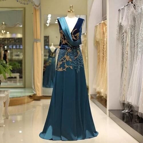Dubai Blue Deep V-Neck Sleeveless Prom Dresses 2020 Diamond Sequined Sexy Mermaid Prom Gown