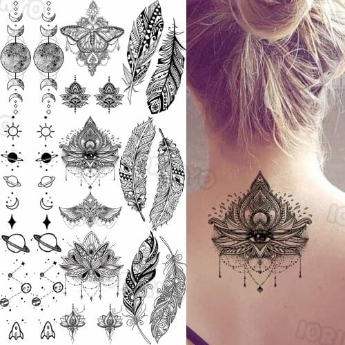 Henna Waterproof Temporary Tattoos For Women Girls Realistic Feather Universe Outer Space Fake Tattoo Sticker Back Arm Tatoos 3D