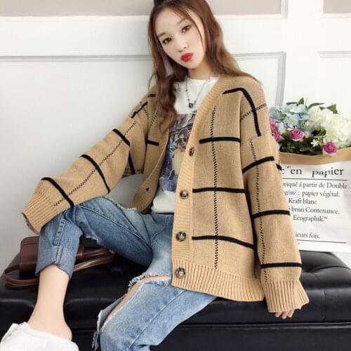 Cardigan Womens Sweater Coat Plaid Loose Single-breasted Thicken Knit Cardigan Sweater Plus Size