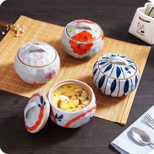 Japan Style Hand Painting Ceramic Slow Cooker With Lid Water-resisting Stew Pot Egg Dessert Bowl