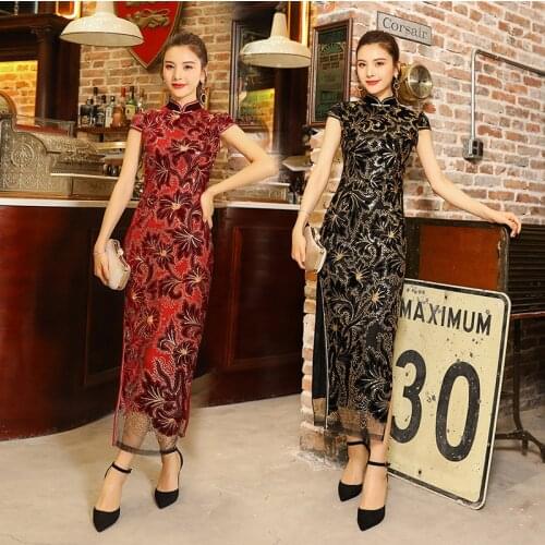 Lace Qipao Dress Sequins Stand Collar Fashion Slim Banquet Dress Cheongsam Chinese Traditional Lady Long Silk Evening Dress