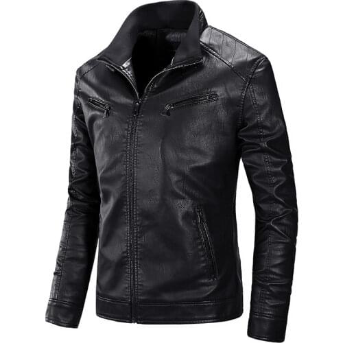 2021Fashion Stand Collar Mens Outerwear Bomber Vintage Autumn Black PU Leather Casual Jacket Slim Fit Motorcycle Biker Coats 4XL