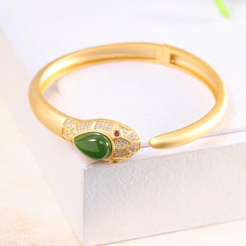 MetJakt Fashionable and Exquisite S925 Sterling Silver Gold-Plated Womens Inlaid Jasper Zircon Snake Head Bracelet