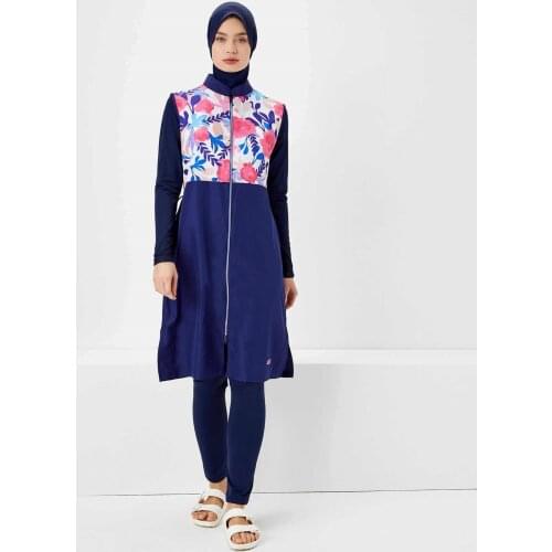 Floral Patterned Navy Blue Hijab Swimsuit Beach Pool Fashion Summer Islamic Clothing Water-Repellent Comfortable Sea Clothing