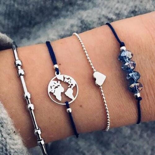 Fashion Jewelry Bracelet Set Metal Map Beads Chain Bangle Bracelets 4pcs/set