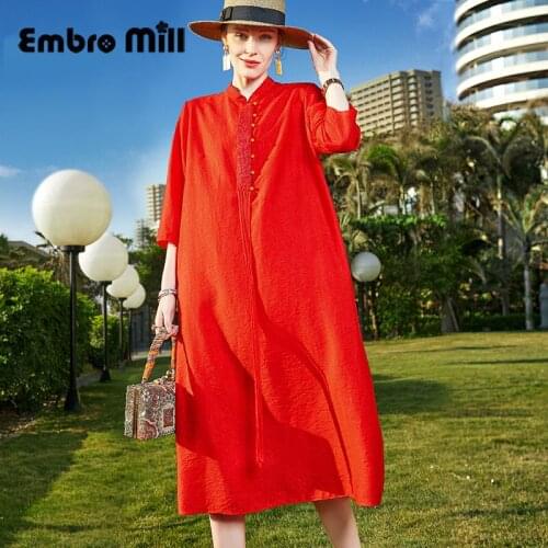 Small Stand Collar Embroidered Female Clothes Spring And Summer New Red High Waist Loose Cocktail Party A-Line Dress S-XL