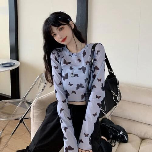 2021 Summer New Butterfly Printing Net Yarn Bottoming Long-sleeved T-shirt Women 's Trendy Inner Wear Sun Protection Shirt y2k