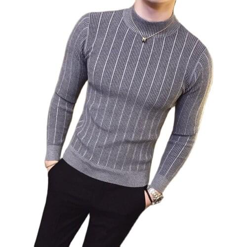 New Autumn and Winter Fashion Solid Color Striped Boutique Knit Mens Casual Turtleneck Sweater Cotton Tight-fitting Male Sweater