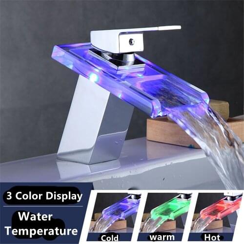 Bathroom Faucet with LED Light Flat Mouth Waterfall Basin Faucets Wash Sink Glass Taps 3 Colors Change Kitchen Hot Cold Mixer