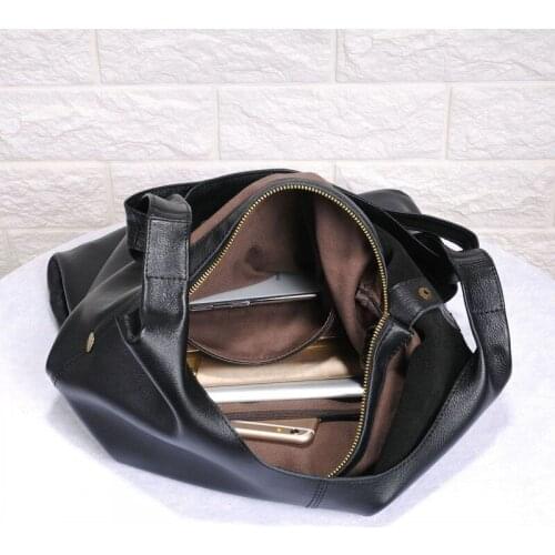 Real Large Ladies Black Leather Shoulder Bag Women Casual Vintage Soft Cowhide Handbag Bucket High Quality Shoulder Bags