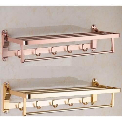 Bath Towel Rack Rose Gold Polish Aluminum Shower Holder Bathroom Accessories Wall Organizer Hook Hanger Folding Storage Shelf
