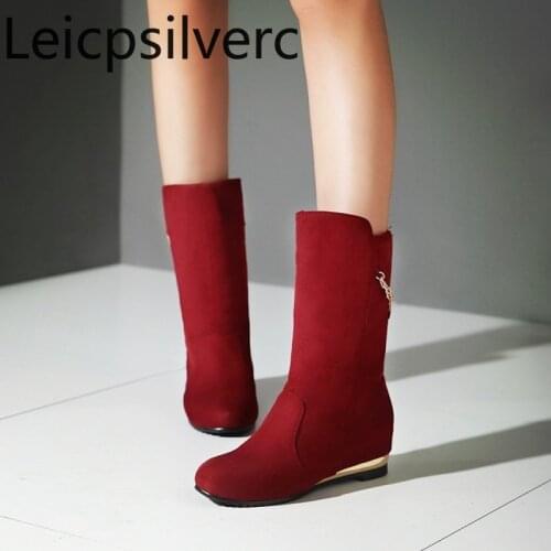 Womens Boots Autumn And Winter new style Increase within Round head flat Wedge Womens Mid boots plus size 32-43
