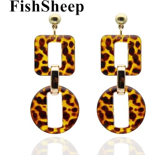FishSheep Fashion ZA Leopard Acrylic Big Drop Earrings For Women Trendy Geomrtric Square Circle Long Pendant Earrings Jewelry