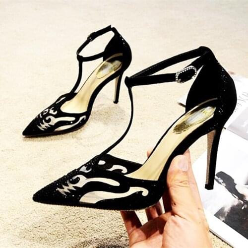 2121 New Arrivals Air Mesh Pumps Woman Crystal T Bar Pointed Toe Hollow Dress Lady Shoes Fashion Elegant High Heel Pumps