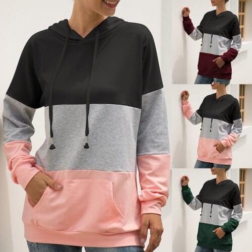 Women Patchwork Hoodies Sweatshirts Casual Pullover Tops Jumper Hooded Sweatshirt Pocket Hoodie