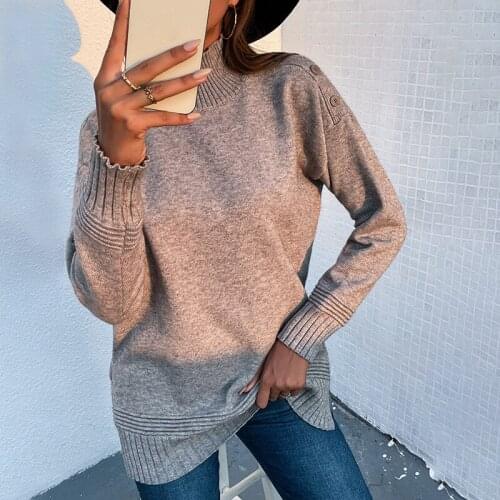 Women Sweater Turtleneck Knitted Button Casual Loose Top Female Solid Fall Winter Warm Soft Wool Fashion Jumpers Lady Pullover