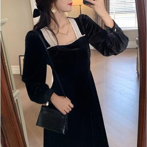 Black Velvet Midi Dress Women 2021 Autumn Square Collor Long Sleeve Elegant Vintage Party Dress Ladies One Piece Dress Korean