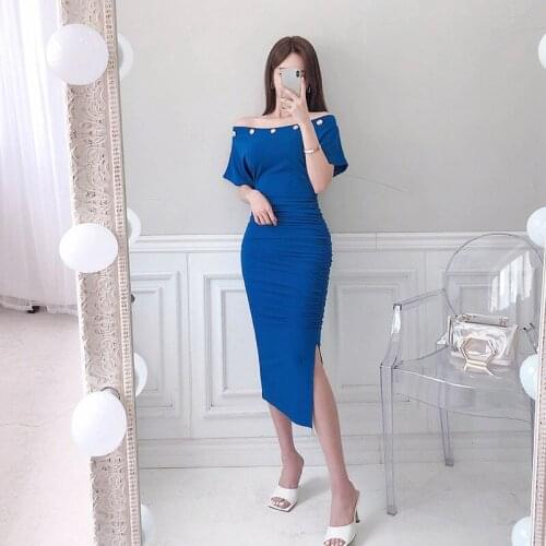 2020 New Summer Slim Short Slevee Office Vestidoes Women Mid-Calf Pencil Dresses Bodycon Sexy Slash neck Work OL Dress Female