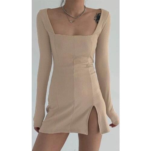 2020 Autumn New Women Sexy Side Split Square Collar Long Sleeve Spring Dress Women Knitted Bodycon Party Clubwear Dresses