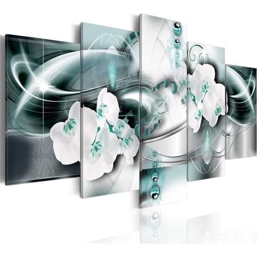 No Framed 5Pcs Blue Orchids Blossom Pastel Flowers Wall Art Canvas Posters Picture Paintings Home Decor Accessories Decoration