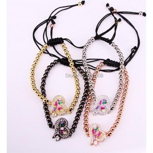 6PCS, Heart Shape Micro Pave CZ Copper Beads Braided Macrame Bracelet
