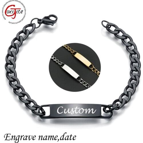 Goxijite Customized Words Bar Chain Bracelet For Men Stainless Steel Adjustable Engraving Name Black Bangle Party Jewelry