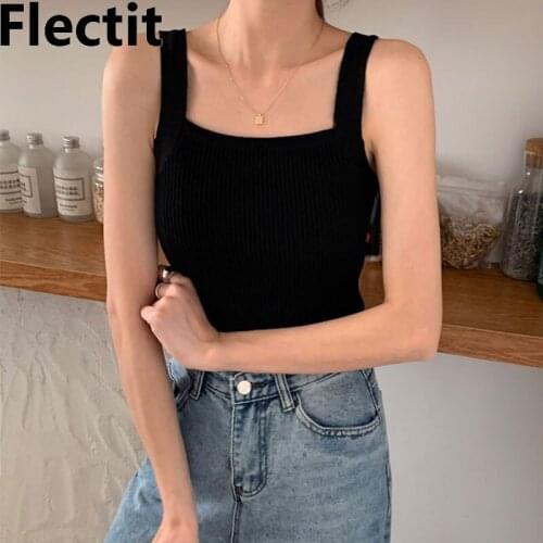 Flectit Women Square Neck Tank Sleeveless Fitted Ribbed Knit Crop Top Basic Casual Outfit