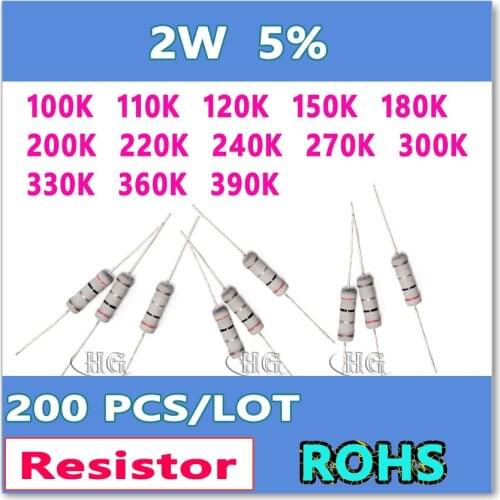 JASNPROSMA 200PCS/LOT 5% 2W 100K 110K 120K 150K 180K 200K 220K 240K 270K 300K 330K 360K 390K carbon film DIP OHM Resistor