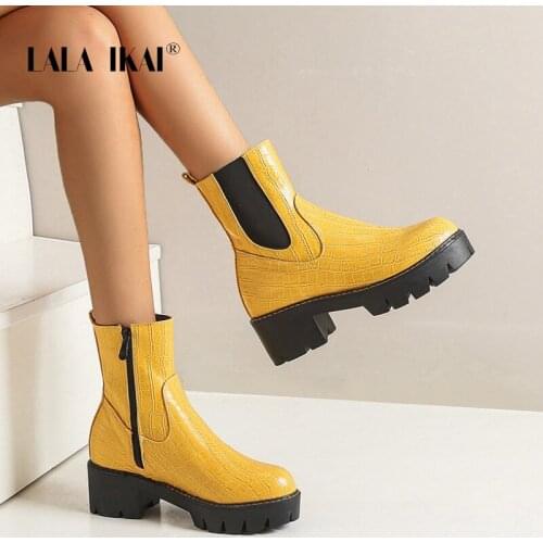 LALA IKAI Womens Ankle Boots Serpentine Short Tube Thick Bottom Boot ZIP 2020 Riding Boots Fashion Female Autumn Winter 10347-4