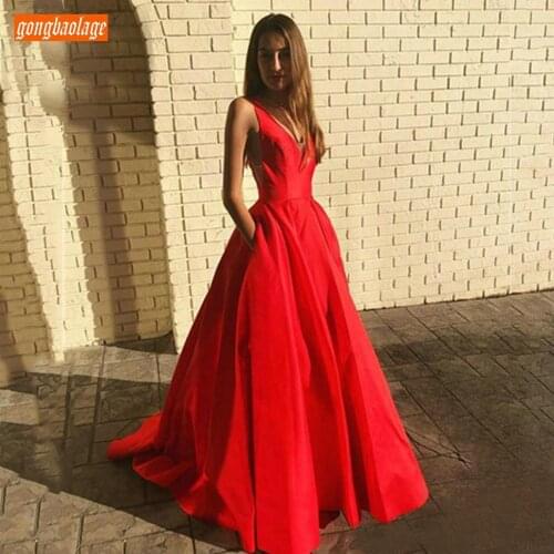 Trendy Red V Neck Evening Gowns Long Backless Satin Pockets A Line Formal Dress Sleeveless Slim fit Women Party Evening Dresses