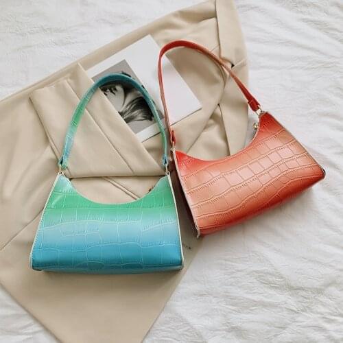 Fashion Women PU Leather Alligator Pattern Gradient Color Shoulder Underarm Bags Vintage Zipper Hobos Handbag