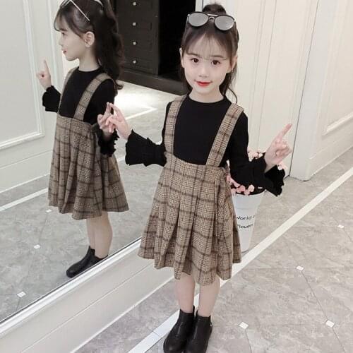Fashion Autumn Girls Clothing Set 2021 Children Long Sleeve Shirts + Plaid Straps Skirt 2Pcs Kids Outfits Baby Girl Clothes