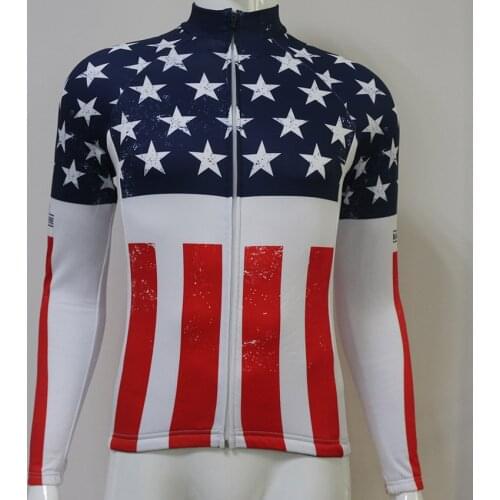 Long sleeve cycling jersey men winter thermal fleece coat usa flag star bike jacket maglia ciclismo uomo tenue cycliste homme